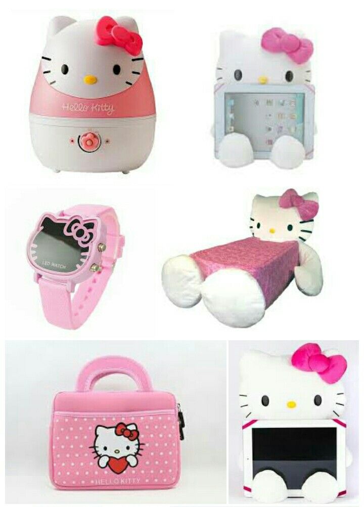 hello kitty toys and accessories are shown in this photo collage, including an alarm clock