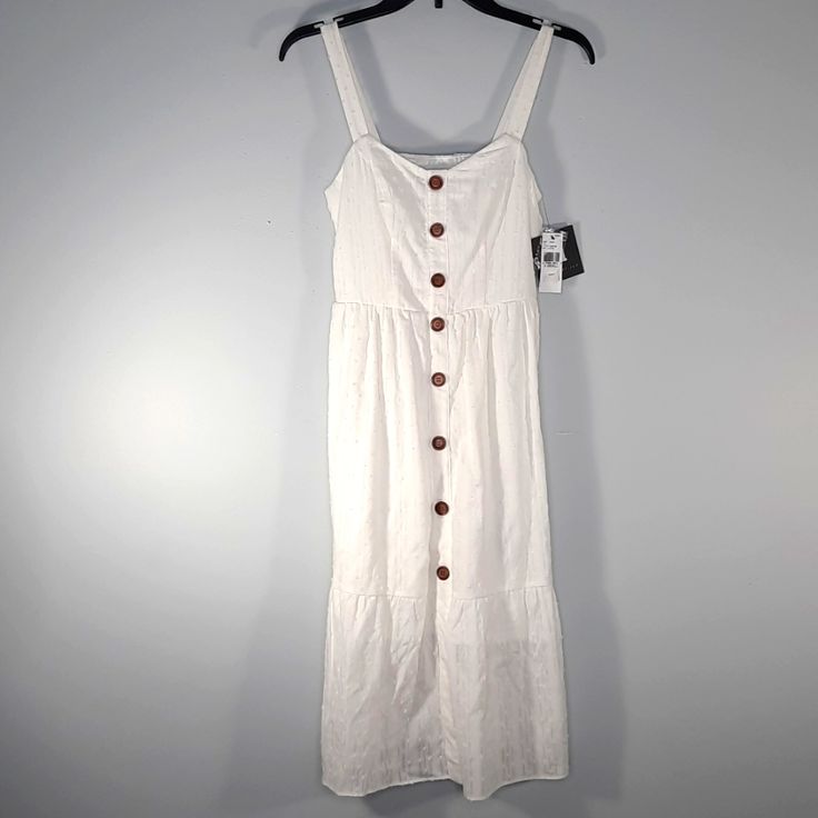 Nwt On San Francisco Off White Midi Dress Sz Xs. Raised Fabric Dots All Over. Ruffled At Hem. Sleeveless Square Neck With Wide Shoulder Straps. Lined. Accented With Brown Buttons Down Front That Are Not For Closure. Approximate Measurements: Pit - Pit Across. 14" Pit - Hem. 33" Shoulder - Hem. 41" Waist Across. 12.5" F - 24 Casual White Maxi Dress With Buttons, Lattice Dress, Womens Wrap Dress, Floral Print Chiffon, Fitted Midi Dress, White Sleeveless Dress, White Midi, Viscose Dress, Button Front Dress