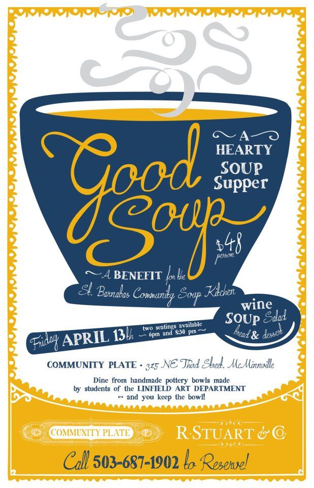 the poster for good soup is shown in yellow, blue and white with an image of a