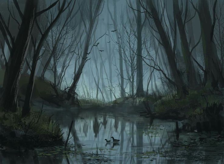 a painting of a swampy area with trees and ducks in the water at night