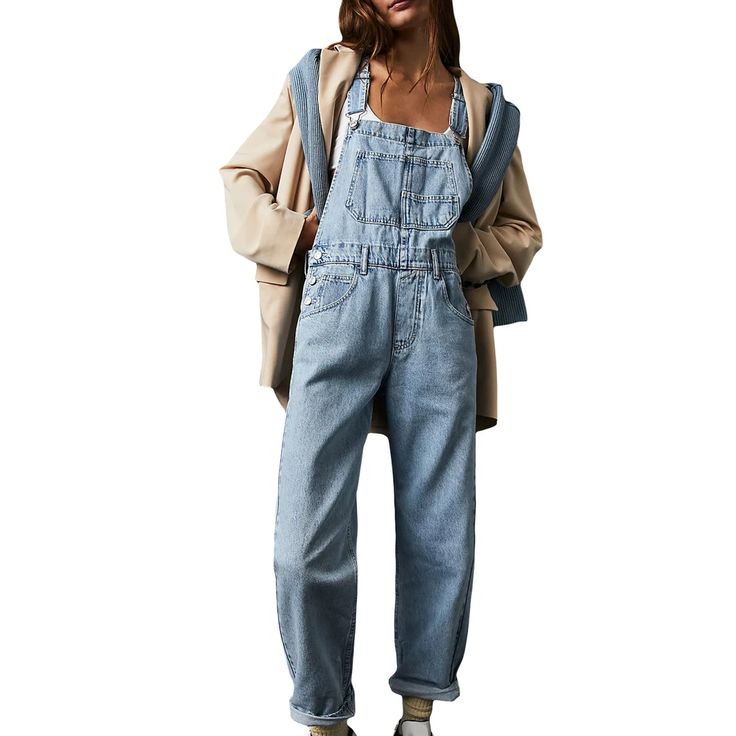 Olivia Mark - Relaxed Fit Denim Overalls Trousers Long Jumpsuit Casual, Loose Overalls, Casual Work Pants, Chique Outfit, Jeans Overall, Wide Leg Romper, Overall Jumpsuit, Suspender Pants, Pants Fabric