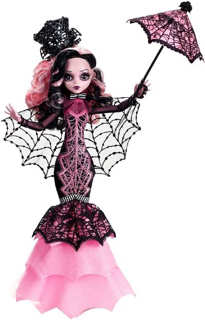 the doll is holding an umbrella and wearing a dress with spider webs on it