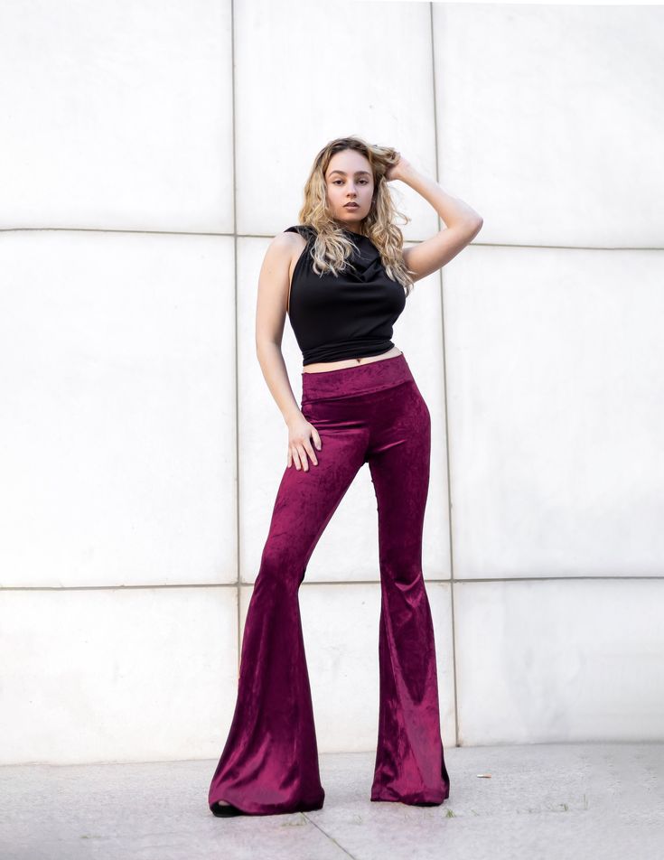 Velvet bell-bottom pants, inspired by the 70's with high rise. Super stretchy and comfortable. They are long enough to wear with heels and platforms. Available in two colors, burnt orange, and dark bordeaux. Perfect for day to day wear, dancing, festivals.... whatever you want These pants are very stretchy, so one size fits two sizes. I recommend choosing your size marked on the size list below. SIZE XS Bust: 31"-33" // 78-83cm Waist: 24"-25" //60-65cm Hips: 34"-35" // 84-87cm SIZE S Bust: 33"- Trendy Full Length Fall Flares, Trendy Full Length Flares For Fall, Trendy Full-length Flares For Fall, Trendy Full-length Fall Flares, Trendy High-waist Flares For Night Out, Trendy High Waist Flares For Night Out, Fall Flare Jeans For Night Out, Trendy Flares For Night Out In Fall, Trendy Wide Leg Flares For Night Out