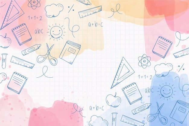 an abstract background with school supplies and writing utensils in blue, pink, yellow, and orange colors