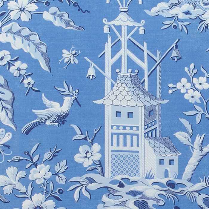 a blue and white wallpaper with birds, flowers, and other things on it