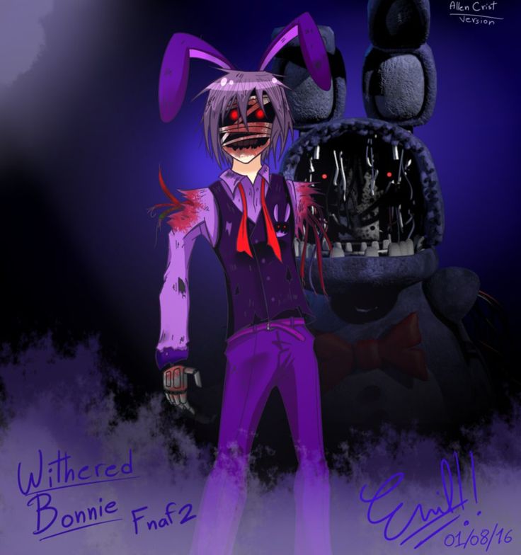 an animated image of a creepy bunny and a man with purple hair standing next to each other