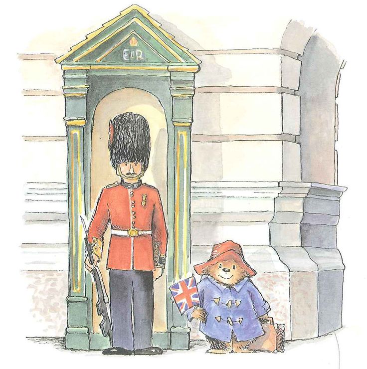 a drawing of two teddy bears dressed in british uniforms and one is holding a flag