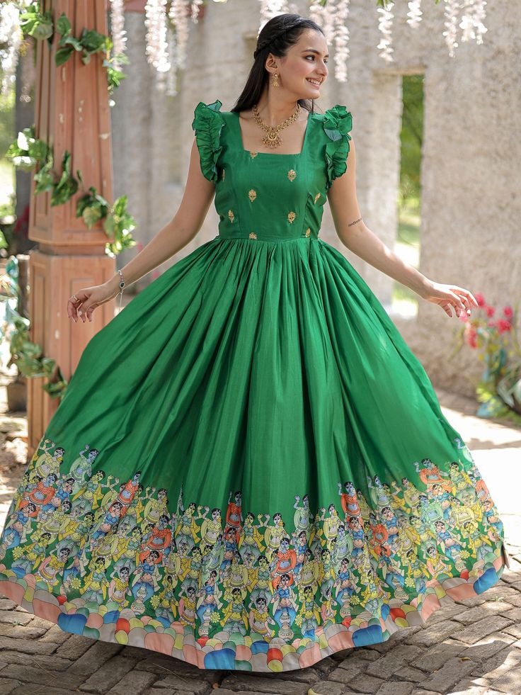 Introducing our stunning "bewitching green digital printed dola silk festival wear gown," a must-have attire for any special occasion. Crafted with intricate digital print work, sequins, and embroidered details, this traditional gown is a showstopper.
The rich green color adds a touch of elegance, making you stand out at festivals, events, weddings, or any function.
This fully stitched gown is available in sizes ranging from XS to XXL, ensuring a perfect fit for every body type. With a 3.5-meter Green Anarkali Set With Printed Motifs And Maxi Length, Green Floor-length Anarkali Set With Printed Motifs, Green Bollywood Anarkali Set With Printed Motifs, Digital Print Dress For Navratri Party, Green Bohemian Anarkali Set With Printed Motifs, Bohemian Green Anarkali Set With Printed Motifs, Festive Green Anarkali Set With Printed Motifs, Festive Pista Green Dress With Floral Print, Green Bollywood Floral Print Anarkali Set