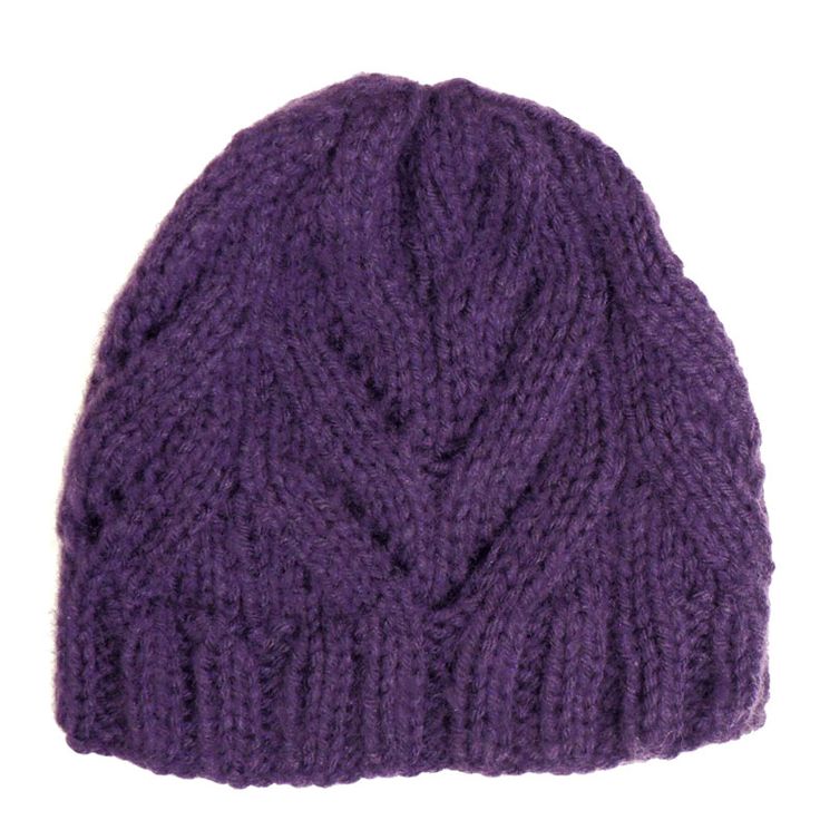 a purple knitted hat on a white background