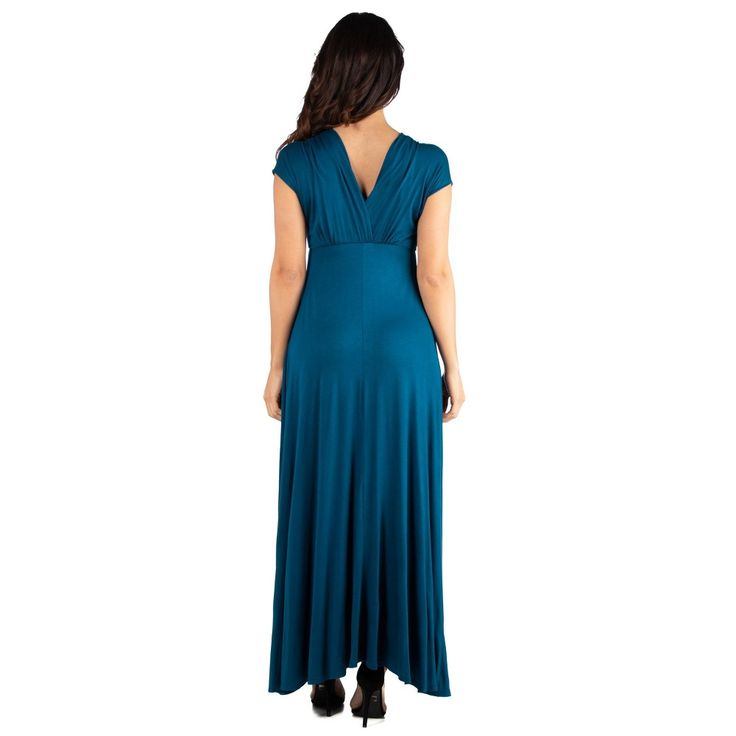 A formal look has never been so comfortable. With its regal full-length skirt this womens maxi dress makes for an elegant formal or casual look. Featuring a v-neck line and v cut on the back, cap sleeves, flared a line skirt, defined empire waist, and is made from a soft and comfortable stretch material in four beautiful year round colors and it is machine washable for easy care. The perfect dress to keep in your closet for any special occasions or just an eye-catching date night look. Made in t Full Length Skirts, Line Skirt, Formal Looks, V Cut, Night Looks, V Cuts, Caps For Women, Womens Maxi Dresses, A Line Skirt