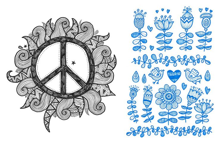 a drawing of a peace sign surrounded by flowers and plants with blue ink on white paper