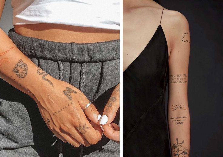 two pictures one with tattoos and the other with writing on it's arms, both showing