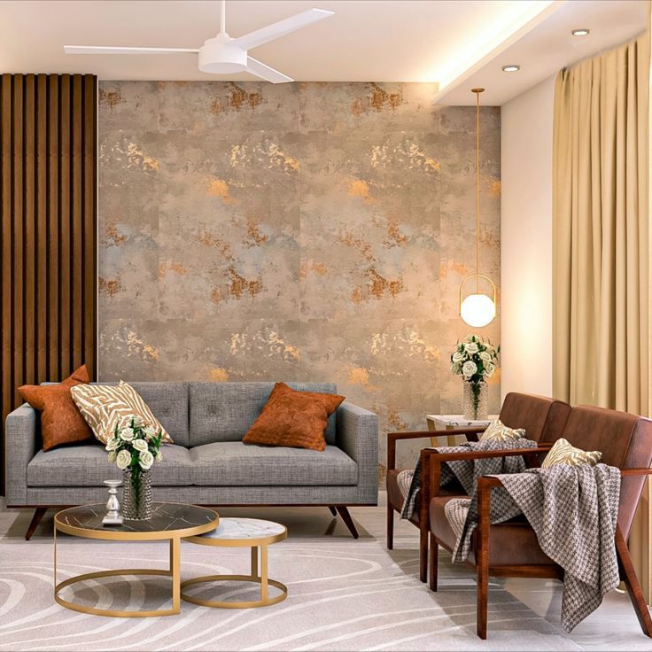 Grey And Gold Living Room Design - Livspace Drawing Room Wall, Cladding Ideas, Minimalist Bedrooms, Modern Hall, Drawing Room Design, Sofa Design Ideas, Furnitur Ruang Keluarga, Indian Room Decor, Best Kitchen Design