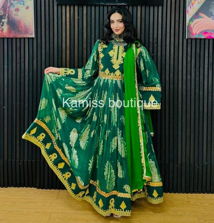 This Dress Contains: 6 meter round skirt 2 meter scarf charma works Brusha fabric Traditional Floor-length Lawn Suit For Festive Occasions, Green Kaftan For Wedding And Navratri, Green Anarkali Kaftan, Traditional Silk Anarkali Set Maxi Length, Traditional Maxi Length Wear For Ceremonies, Bollywood Style Dabka Kaftan For Traditional Ceremonies, Traditional Designer Kaftan For Transitional Season, Traditional Drape Designer Dresses, Anarkali Traditional Wear For Eid Ceremonies