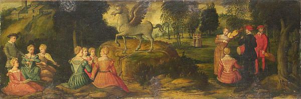 an old painting with people and animals in it