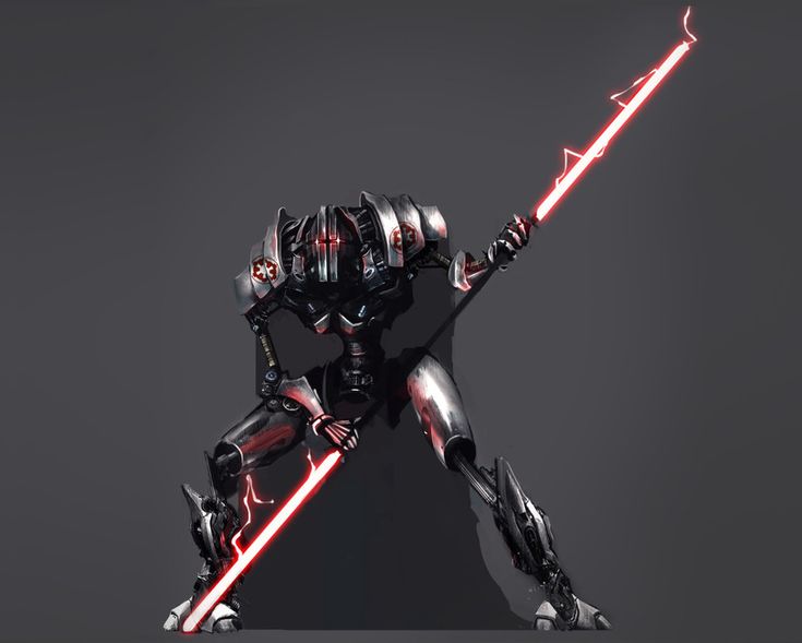 a sci - fi character holding a light saber in his right hand and standing on one leg