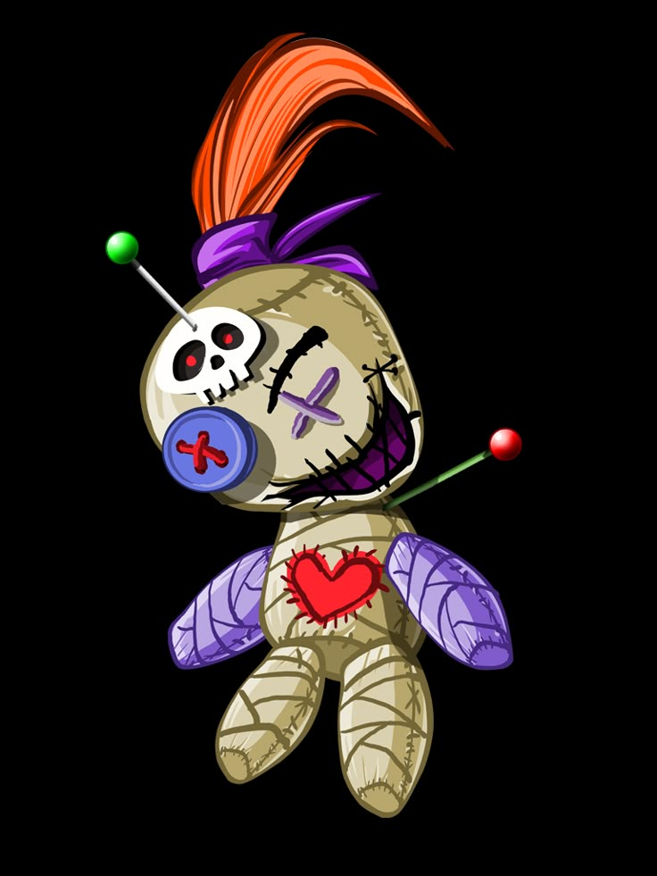 a voodoo doll with an orange hair and purple eyes holding a red heart in her hands