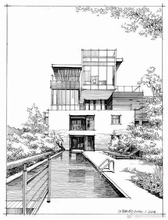 an architectural drawing of a house with water and trees in the foreground, as well as a walkway leading up to it