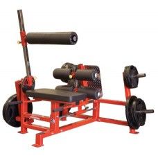 a red bench with two black dumbs and one black barbell on the back