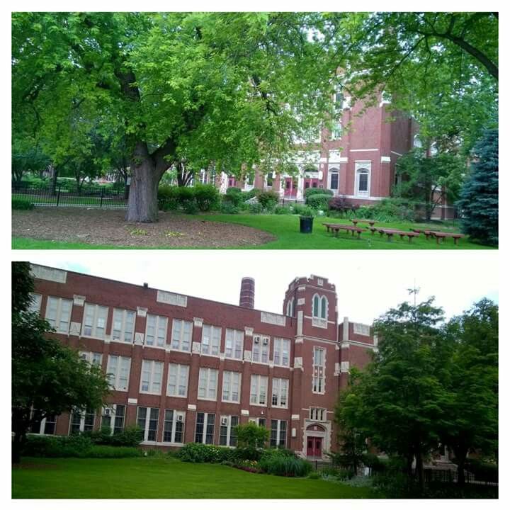 two pictures of the same building with trees in front of it and on the other side