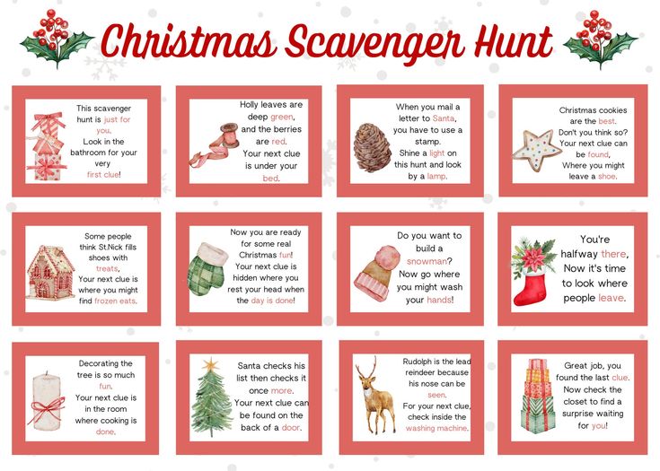 a christmas scavenger hunt is shown in red and white