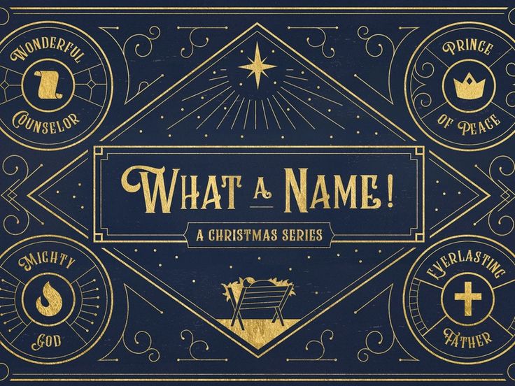 what a name a christmas series with gold lettering on a dark blue background, surrounded by other symbols