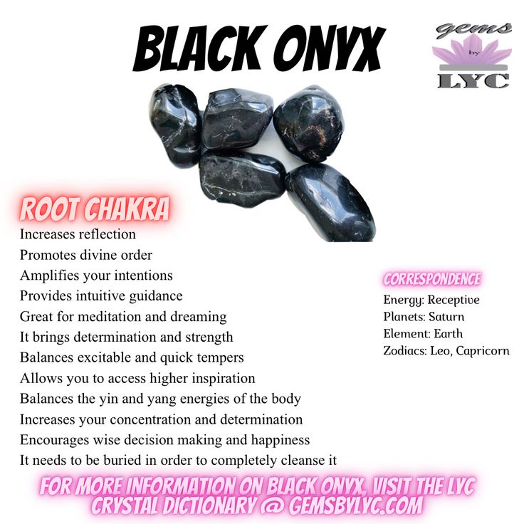 For more information on Black Onyx, Visit the LYC Crystal Dictionary @ gemsbylyc.com Black Onyx Meaning Crystal Healing, Black Crystals Meaning, Black Onyx Crystal Meaning, Crystal Correspondences, Crystal Dictionary, Black Onyx Meaning, Onyx Properties, Onyx Meaning, Black Onyx Crystal