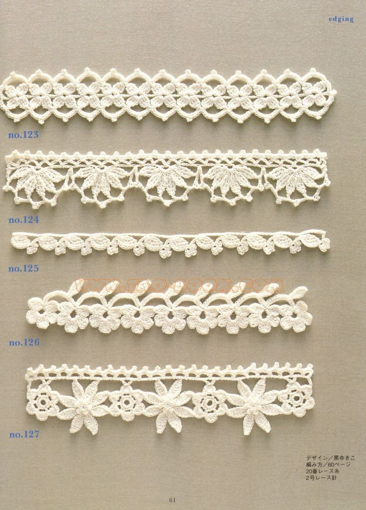 four white crocheted lace trims on a gray background