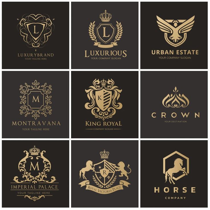 set of luxury logos and emblems in gold color on black background, suitable for use as a business card or brochure