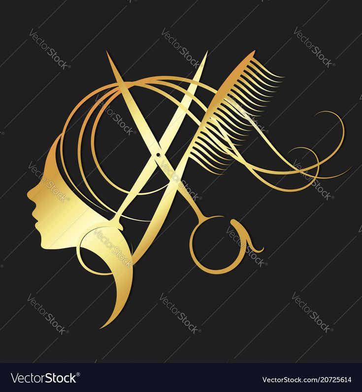 a woman's face with scissors and combs in her hair on a black background