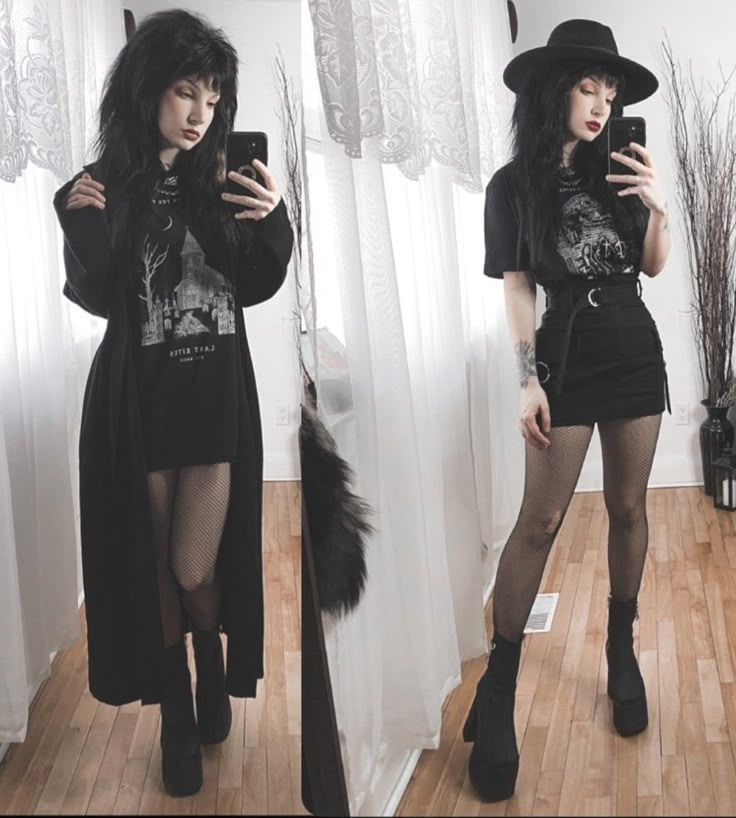 Emo Woman Outfits, Kibbe Romantic Edgy, Black Dress Over Shirt, Outfit Inspo Goth Grunge, Tomboy Witch Outfit, Alt Clothing Aesthetic, Witchy Night Out Outfit, Rock Show Outfit Winter, Soft Goth Style Outfits