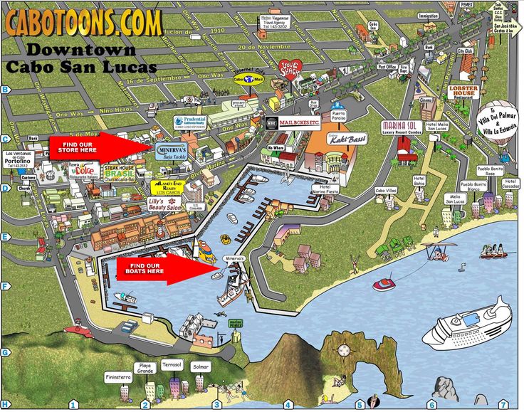 a map of downtowns and cabo san lucas with red arrows pointing to locations