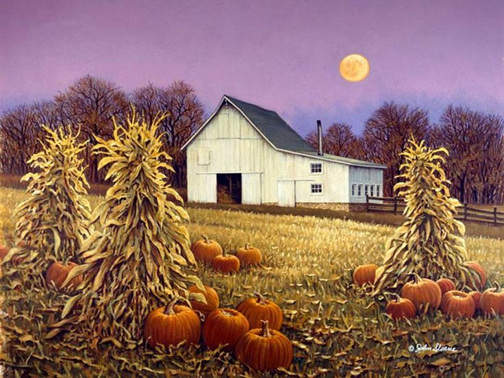 a painting of pumpkins and corn stalks in front of a barn with a full moon