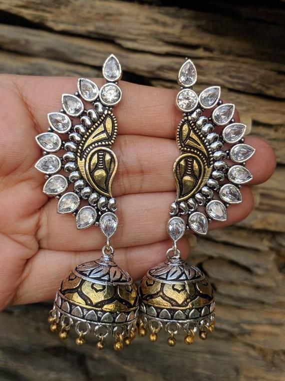 Brass earrings, dual tone,high quality, German Silver, real AD stones,handmade, indian Jewelery,ethn