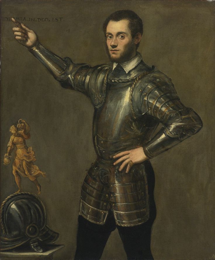 a painting of a man in armor pointing at something