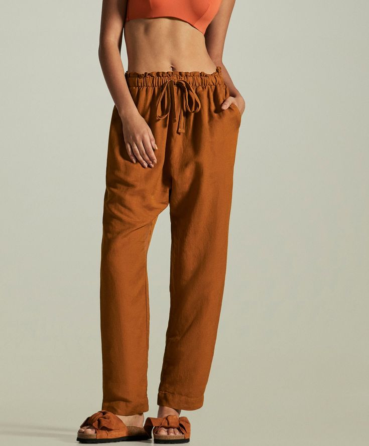 Basic linen trousers | Oysho United Kingdom | Size L Short Sleeve Linen Shirt, Long Trousers, Linen Short, Linen Trousers, Drawstring Waistband, Linen Shirt, Parachute Pants, Women Fashion, Harem Pants