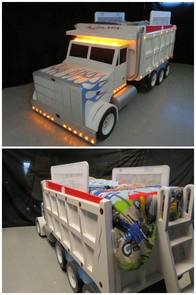 two pictures of a toy truck bed with lights on the sides and an image of a child's bed in the middle