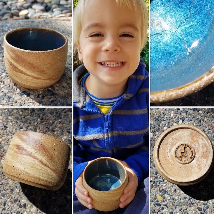 there is a collage of photos with a little boy holding a bowl and cup