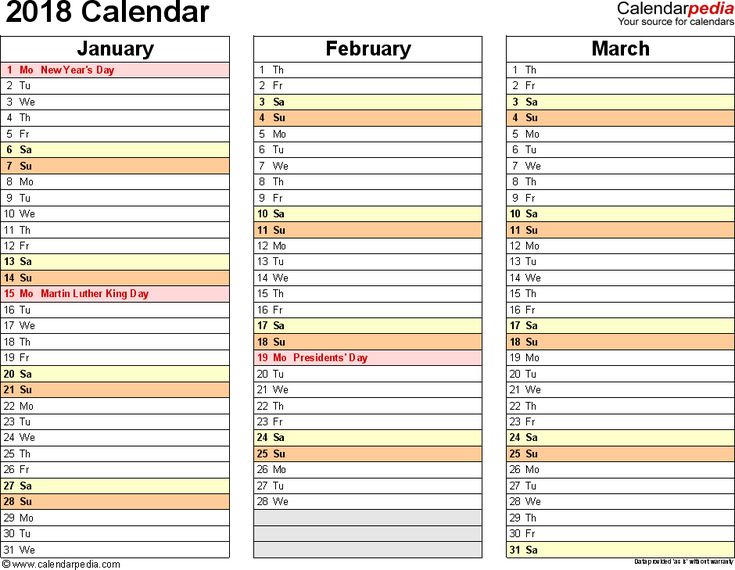 Template 7: 2018 Calendar for Excel, months horizontally, 4 pages ...