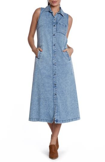 The denim dress gets a summery style-up with a sleeveless silhouette and a soft fabrication enriched with lyocell and cotton. Front button closure Spread collar Sleeveless Chest patch pocket; front welt pockets 62% lyocell, 20% cotton, 12% polyester, 5% rayon, 1% spandex Machine wash, tumble dry Imported Summer Cotton Medium Wash Midi Dress, Medium Wash Midi Dress With Pockets For Summer, Summer Medium Wash Midi Dress With Pockets, Summer Midi Dress With Pockets In Medium Wash, Summer Washed Blue Denim Midi Dress, Summer Washed Blue Midi Denim Dress, Summer Denim Midi Dress, Summer Midi-length Denim Dress With Pockets, Summer Midi Denim Dress With Pockets