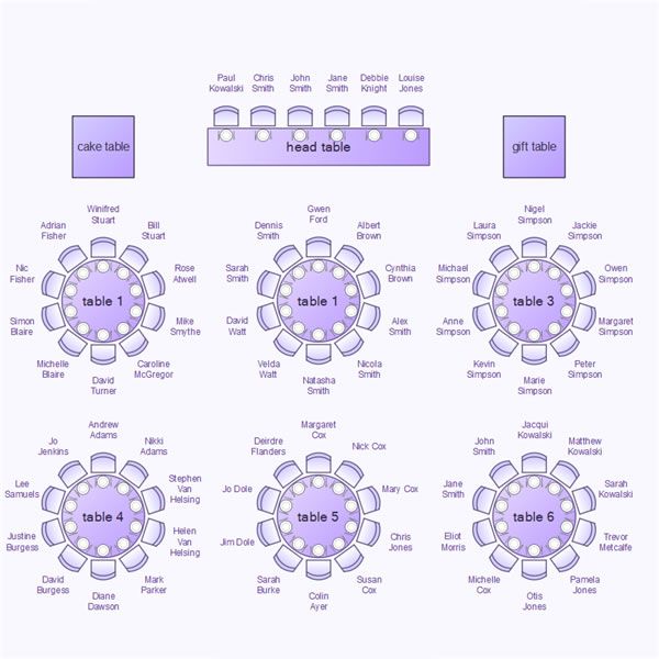 the wedding seating chart is shown in blue and purple colors, with flowers on each side