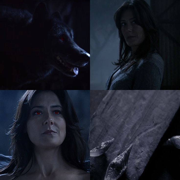 three different pictures of the same woman with blood on her eyes, and an image of a wolf