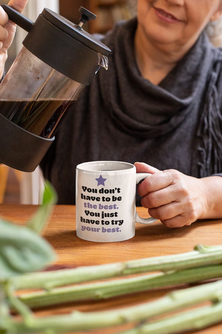 an older woman is pouring tea into a cup with the words let's be less spiky on it