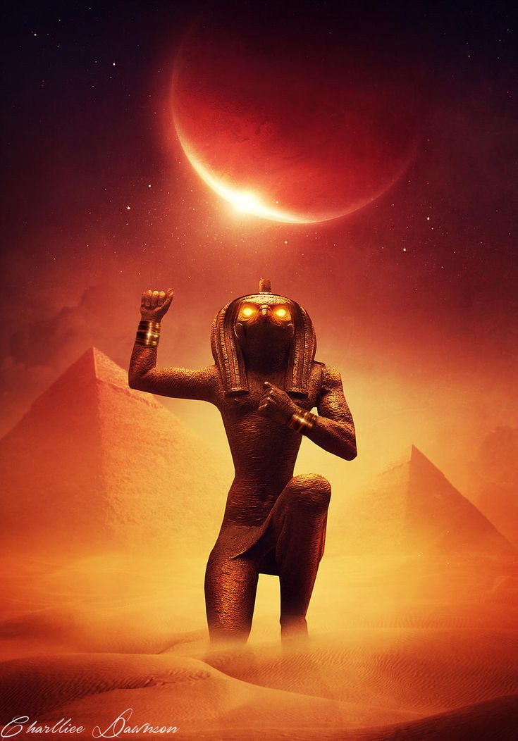 an egyptian god standing in the desert with his hands up to the sun above him