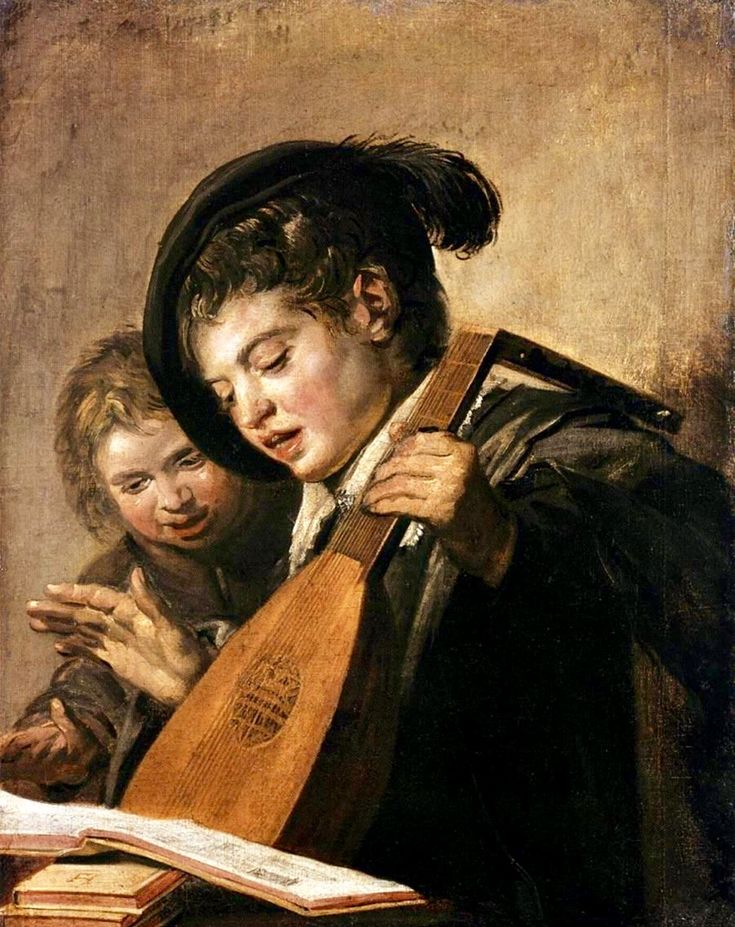 a painting of two people looking at an open book and holding a lute in their hands