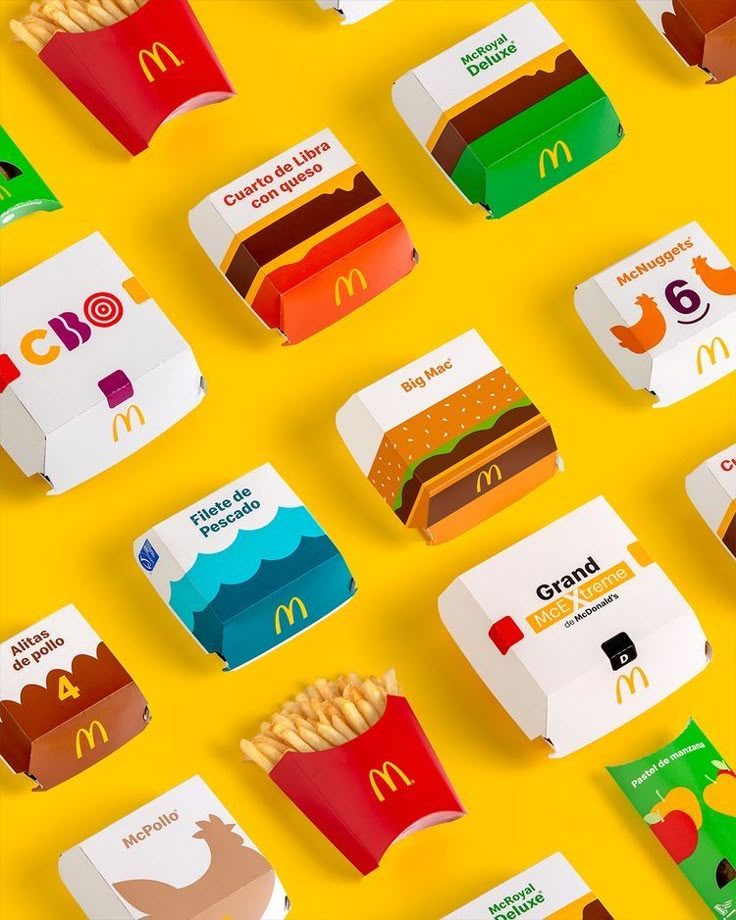 many different types of mcdonald's food on a yellow background