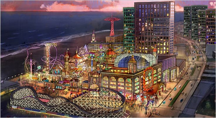 an artist's rendering of a city at night with ferris wheel and roller coasters