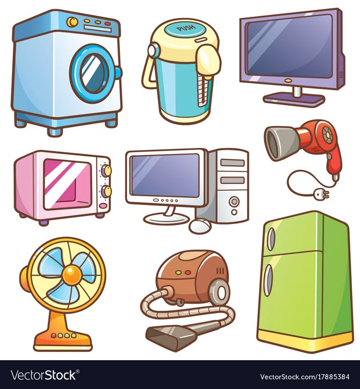 various household appliances set on white background