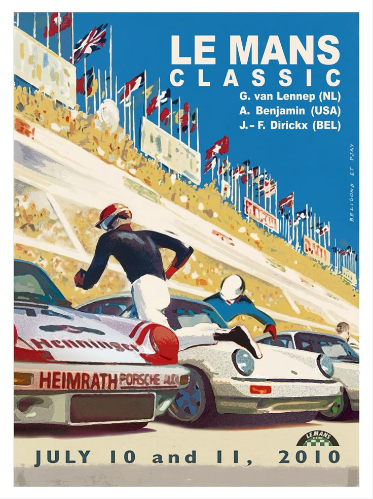 the poster shows two racing cars in front of each other, with flags flying above them