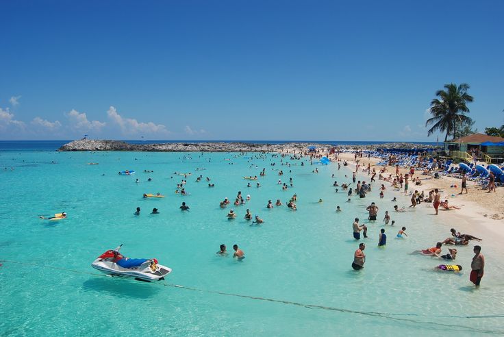 many people are on the beach and in the water